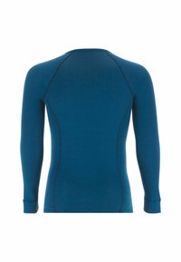 Maillot thermique à manches longues en bleu profond, avec des coutures sombres contrastantes, une texture douce et une coupe ajustée épousant la silhouette.