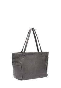 Borsa a tracolla in pelle grigia con due manici lunghi, una texture liscia e tasche laterali con chiusure a zip per ulteriore spazio di stivaggio.