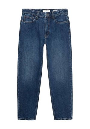 Blå denim jeans med lige ben, foran- og baglommer, bæltestropper og knaplukning i taljen.
