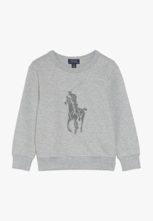 Sudadera de manga larga y cuello redondo de color gris claro con un logo de jugador de polo en gris oscuro centrado en el pecho.