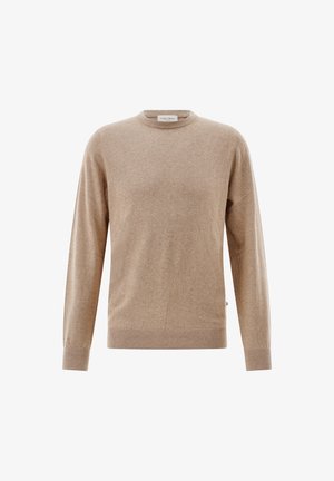 Beiger Rundhalsausschnitt-Pullover, gestrickte Textur, lange Ärmel, gerippte Bündchen und Saum, dezentes Markenlabel an der Seite.