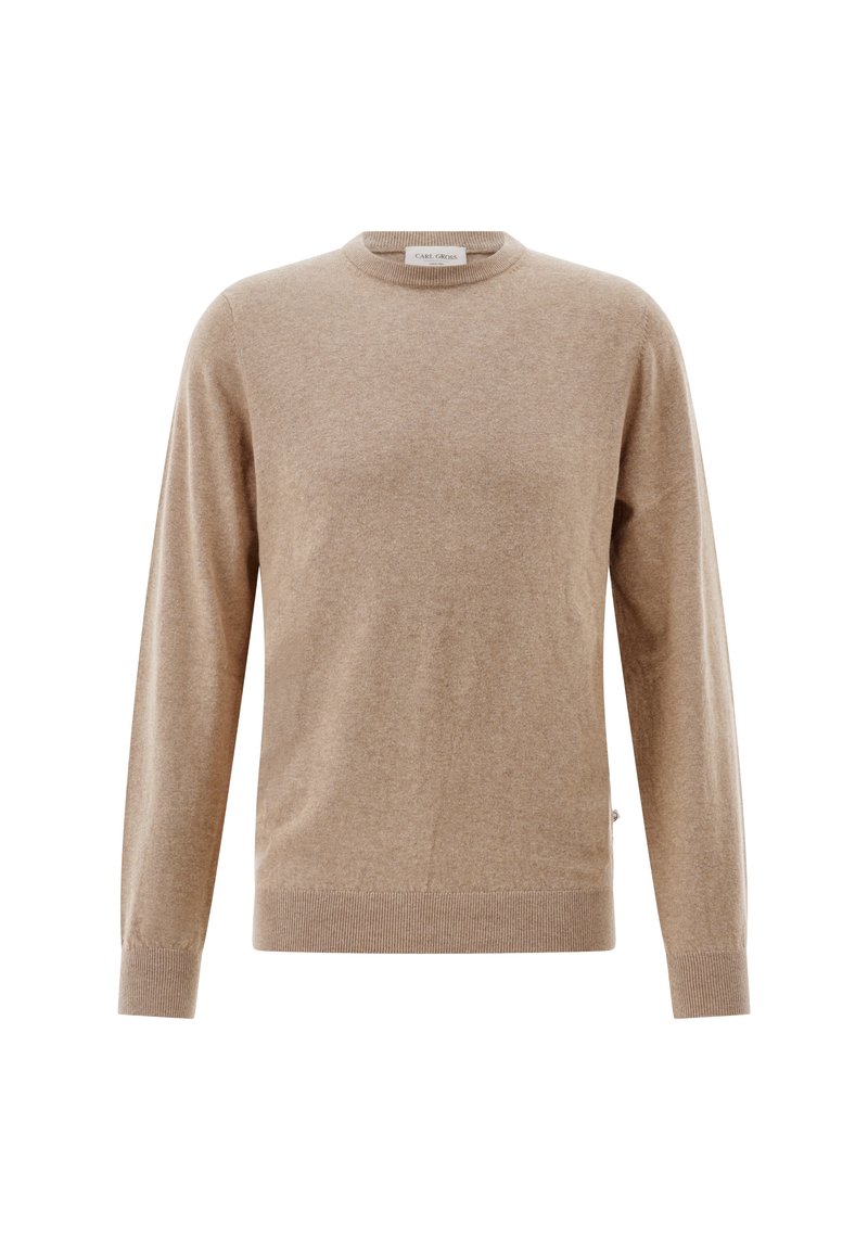 Beige crew-neck sweater, knitted texture, long sleeves, ribbed cuffs and hem, subtle brand label at the side.