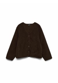 Cardigan en polaire marron, duveteux, avec un décolleté en V profond, fermeture à boutons sur le devant et deux poches avant, présentant une coupe décontractée et une texture unie.