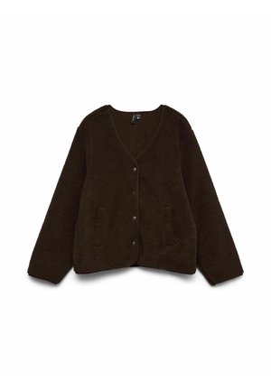 Cardigan in pile marrone, morbido, con scollatura a V profonda, chiusura con bottoni frontali e due tasche anteriori, caratterizzato da una vestibilità comoda e una texture uniforme.