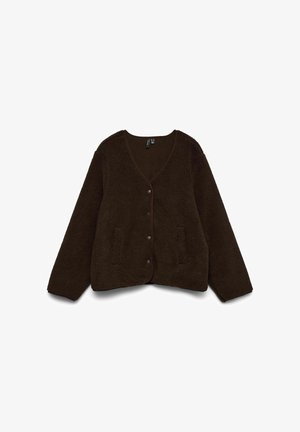 Rudonų, pūkuotų vilnos megztinis su giliu V formos iškirpimu, mygtukų užsegimu ir dviem priekinėmis kišenėmis, pasižymintis laisvu siluetu ir vientisa tekstūra.