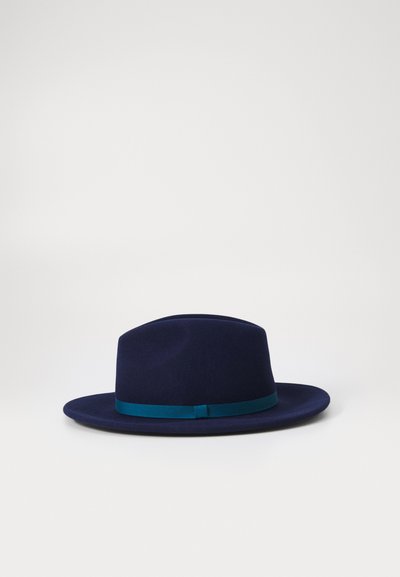 Navy felt hat with a wide brim and a contrasting teal ribbon band around the base, featuring a structured crown and smooth texture.
