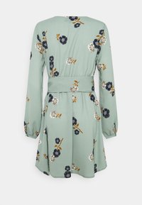 Robe à manches longues vert clair avec ceinture à la taille, présentant un motif floral en bleu foncé, blanc, beige et accents bruns.