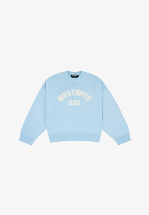 Hellblauer Strickpullover mit der Aufschrift „WRSTBHVR 030“ in weißen Buchstaben quer über der Brust, mit gerippten Bündchen, Saum und Rundhalsausschnitt.