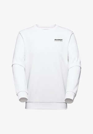 Witte longsleeve crewneck sweatshirt met het "Mammut Since 1862" logo in zwart gedrukt op de bovenste linkerborst.