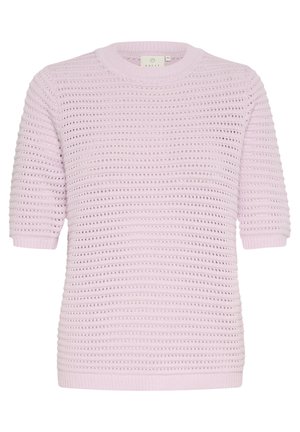 Pulover tricotat de culoare mov deschis, cu mâneci scurte, având un model texturat, cu țesătură deschisă și un gât rotund.