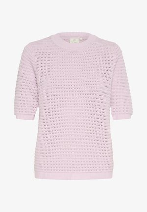 Jasnofioletowy sweter wykonany na drutach z krótkimi rękawami, z teksturowanym, ażurowym wzorem oraz okrągłym dekoltem.