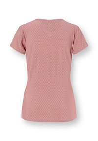 Back view of a fitted short-sleeve pink T-shirt with a subtle textured diamond pattern and round neckline.