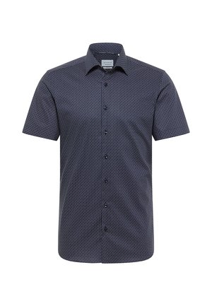 Chemise à manches courtes bleu marine à boutons, avec un motif de petits points blancs et rouges, et un col classique.