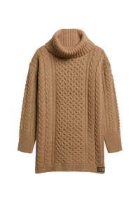 Robe-pull en maille torsadée couleur chameau avec col roulé et manches longues, comprenant des poignets et un ourlet côtelés, ainsi que des motifs en maille texturée.