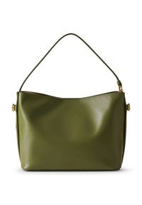 Olivgrüne Leder-Schultertasche mit glatter Textur, geschwungenem Design und einem goldfarbenen Akzentknopf an der Seite. Einzelner Schulterriemen.