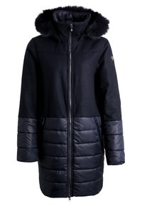 Manteau noir avec capuche en fausse fourrure, présentant une partie supérieure lisse et une partie inférieure matelassée. Fermeture éclair et poches latérales pour plus de fonctionnalité.