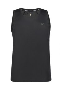 Černý bezramínkový sportovní top vyrobený z lehkého materiálu, s texturovaným povrchem, kulatým výstřihem a decentním logem na přední straně.