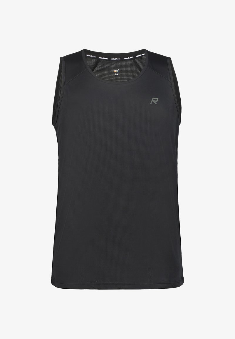 Canotta atletica nera senza maniche realizzata in tessuto leggero, con superficie texturizzata, scollatura rotonda e logo discreto sul davanti.