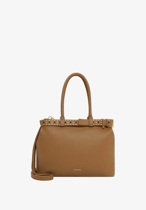 Brown leather handbag with studs, dual handles, detachable shoulder strap, and a structured shape. Features a smooth texture and subtle branding.