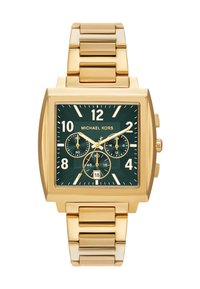 Orologio rettangolare dorato Michael Kors con quadrante verde, indicatori delle ore bianchi, tre sotto-quadranti e bracciale in metallo a maglie.