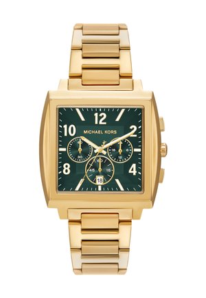 Michael Kors guld-tone rektangulær ur med grøn skive, hvide timemarkører, tre sub-dials og en sammenkoblet metalarmbånd.