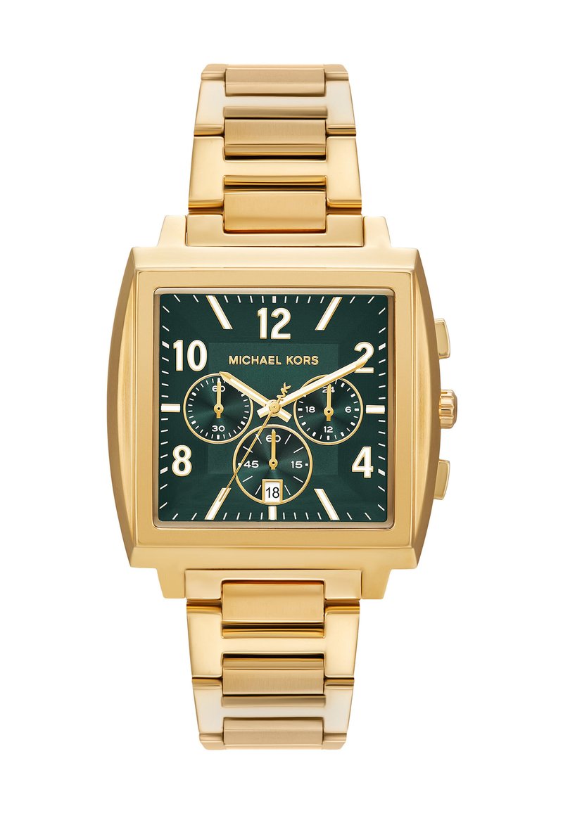 Orologio rettangolare dorato Michael Kors con quadrante verde, indicatori delle ore bianchi, tre sotto-quadranti e bracciale in metallo a maglie.