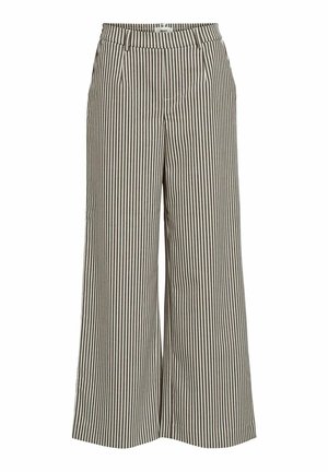 Pantalons larges à rayures beiges et bruns, dotés d'une taille haute, de plis et d'une texture lisse. Pas de matériel ou d'accents visibles.