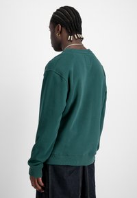 Sweatshirt verde a girocollo realizzato in tessuto misto cotone. Presenta polsini e orlo a costine, con un piccolo etichetta quadrata nella parte superiore della schiena.