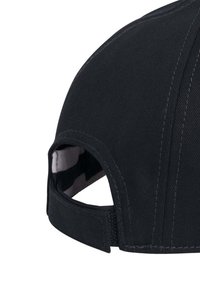 Schwarze Baseballmütze aus strukturiertem Stoff, mit gebogenem Schirm und verstellbarem Riemen mit Klettverschluss auf der Rückseite.