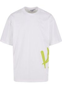 White cotton t-shirt with short sleeves, featuring a large lime green graphic on the front. Classic crew neck design.