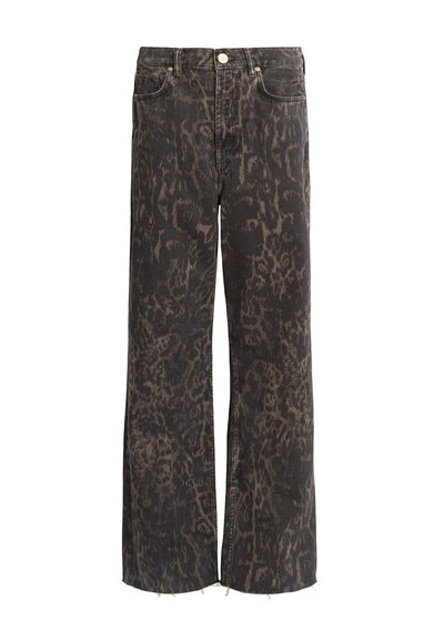 Jean taille haute à jambes larges avec imprimé léopard marron foncé et noir et ourlets bruts.