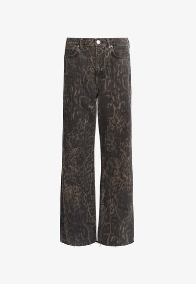 Jean taille haute à jambes larges avec imprimé léopard marron foncé et noir et ourlets bruts.