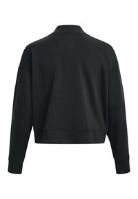 Schwarzes kurzes Sweatshirt mit hohem Kragen, lässiger Passform und überschnittenen Schultern. Mit langen Ärmeln und gerippten Bündchen. Glatte Textur.