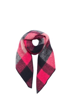 Soft wool scarf in large pink, gray, and black plaid pattern folded into a loop with pointed ends hanging down.