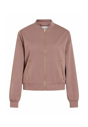 Mauve bomberjack met gouden rits, geribde kraag, manchetten en zoom, voorzien van twee voorvakken met ritssluiting.