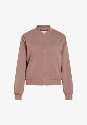 Chaqueta bomber malva con cremallera dorada, cuello, puños y dobladillo acanalados, con dos bolsillos frontales con cremallera.