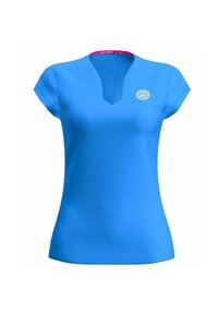 Camiseta azul de cuello en V con mangas cortas, que presenta un logo en la parte izquierda del pecho. Fabricada con tela suave y de diseño ajustado.