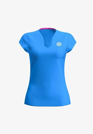 Blauwe V-hals T-shirt met korte mouwen, voorzien van een logo op de linkerborst. Gemaakt van een gladde stof met een aangesloten ontwerp.