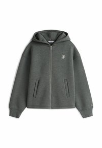 Haut à capuche gris zippé en mélange de coton, avec une capuche à cordon de serrage, des poches avant et un petit logo brodé sur la poitrine.
