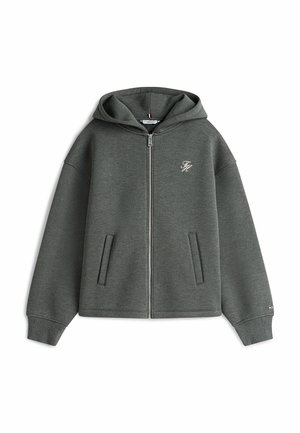 Sudadera gris con cremallera hecha de una mezcla de algodón, que cuenta con capucha con cordón, bolsillos frontales y un pequeño logo bordado en el pecho.