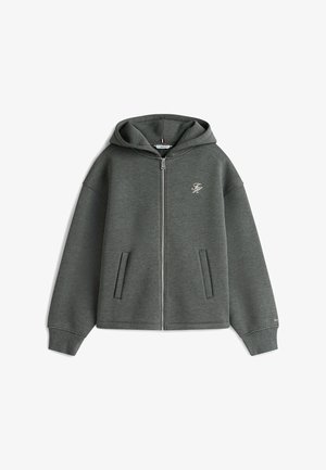 Gray zip-up hoodie made of cotton blend, featuring a drawstring hood, front pockets, and a small embroidered logo on the chest.