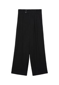 Zwarte wijde broek met hoge taille, voorzien van twee knoopsluitingen, geplooide voorkant en een textuurstof.