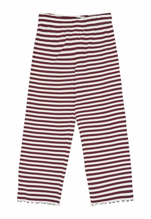 Pantalon pour enfants à rayures horizontales bordeaux et blanches, ceinture élastique et ourlets festonnés aux jambes.