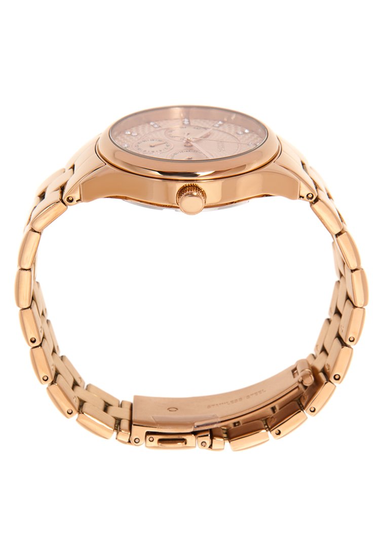 Montre-bracelet en or rose avec un bracelet en maillons métalliques et un cadran rond, dotée de plusieurs sous-cadrans et d'une couronne sur le côté droit.
