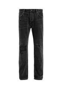 Mustat denim-farkut suoran istuvuuden ja kuluneilla paikoilla polvissa, sekä hienovaraisella haalistumisella kankaassa. Klassinen viisi-taskuinen muotoilu.