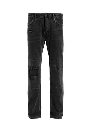 Sorte denim jeans med lige pasform, slidte lapper på knæene og en subtil falming over stoffet. Klassisk fem-lomme design.