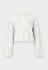 Γκρι cropped πουλόβερ, πλεκτή υφή, φαρδιά μακριά μανίκια, στρογγυλή λαιμόκοψη, ριμπ τελείωμα και μανσέτες, μαλακό ύφασμα με διακριτικό σχέδιο.