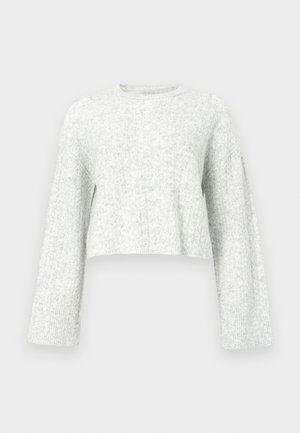 Gray cropped sweater, knitted texture, wide long sleeves, round neckline, ribbed hem cuffs, soft fabric with subtle pattern.