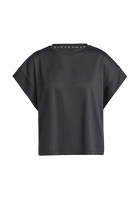 Camiseta negra recortada con mangas cortas y anchas. Confeccionada en tela de canalé, presenta un escote redondo y detalles texturizados a lo largo de los bordes.