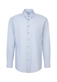 Chemise homme bleu clair à manches longues, boutonnée, avec un motif à petits pois subtil et un col classique sur fond blanc.